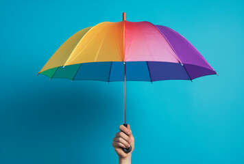 hand holding rainbow umbrella.Support and protection for the LGBT population.Minimal creative equality concept.Top view,copy space.Generative AI