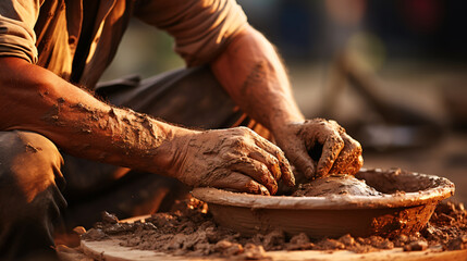 Soiled hand shaping clay in an outdoor workshop. Generative AI