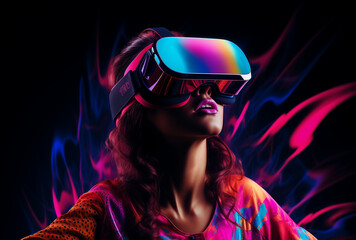 Girl with Virtual reality goggles and neon lights around .Minimal creative art and fashion concept.Copy space,top view.Generative AI - obrazy, fototapety, plakaty