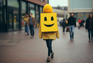 woman  walking in the street With a box of  happy emoji on the back.Minimal creative emotional and Spreading love advertising concept.Top view.Generative AI. - obrazy, fototapety, plakaty