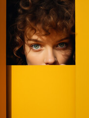 Women's eyes, looking through a hole into the yellow cardboard..Minimal creative modeling concept
