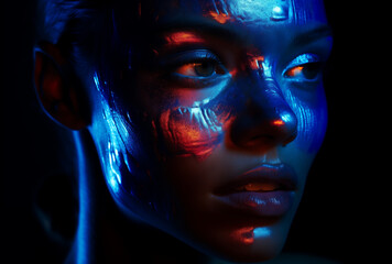Girl painted with colors on her face and illuminated by neon lights.Minimal creative art and fashion concept.Top view.Generated AI