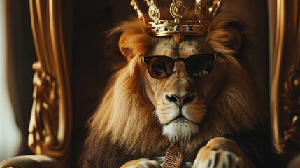 Royal lion wearing tie with crown and sunglasses sitting on a throne, closeup. AI Generative