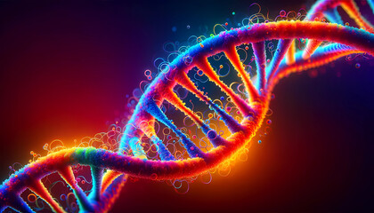 Colorful vibrant rainbow DNA helix strand on complimentary background