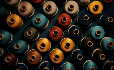 Background with many colorful thread spools.Minimal fashion creative concept.Flat lay,top view..Generative AI