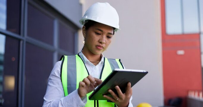 Woman, construction worker and tablet thinking at building or safety inspection, development or connection. Female person, industrial and digital innovation or maintenance at site, planning or online