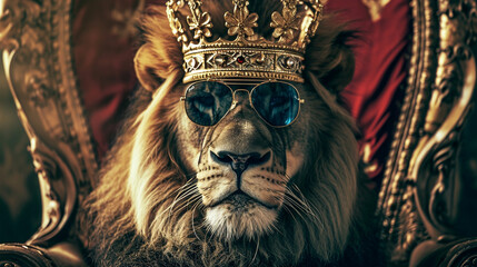 King lion with crown and sunglasses sitting on a throne, closeup. AI Generative - obrazy, fototapety, plakaty