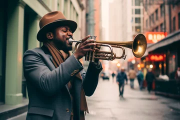 Zelfklevend Fotobehang African man playing trumpet in the street © Nestor