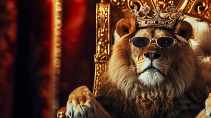 King lion with crown and sunglasses sitting on a throne, closeup. AI Generative