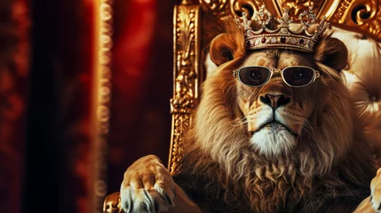 Foto op Aluminium King lion with crown and sunglasses sitting on a throne, closeup. AI Generative © We3 Animal