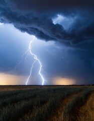 Storm with lightning in the field.