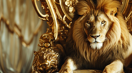 Fototapeta na wymiar Royal lion sitting on a throne, closeup. AI Generative