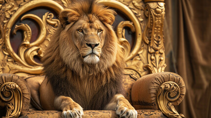 Royal lion sitting on a throne, closeup. AI Generative - obrazy, fototapety, plakaty