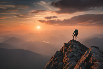 Adventurous Man Hiker standing on top of the peak with rocky mountains. Adventure Composite. Aerial Background Image of landscape. Sunset Sky. generative ai