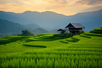 Landscape of rice terrace and hut with mountain range background and beautiful sunrise sky. Nature landscape. Green rice farm. Terraced rice fields. Travel destinations in Chiang Mai, Thailand.