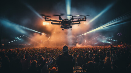 night photography of a drone flying over concert
