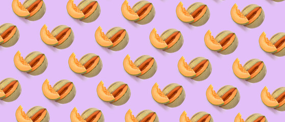 Many cut melons on lilac background. Pattern for design