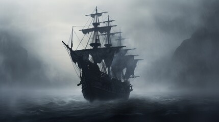black pirate ship with black tattered sails sailing through fog, 16:9