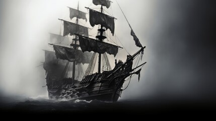 black pirate ship with black tattered sails sailing through fog, 16:9 - obrazy, fototapety, plakaty