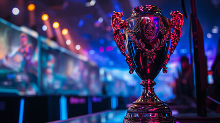 Esports championship trophy displayed on the gaming competition stage