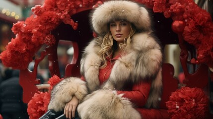 russian female model in fur coat and fur hat, red colors, 16:9