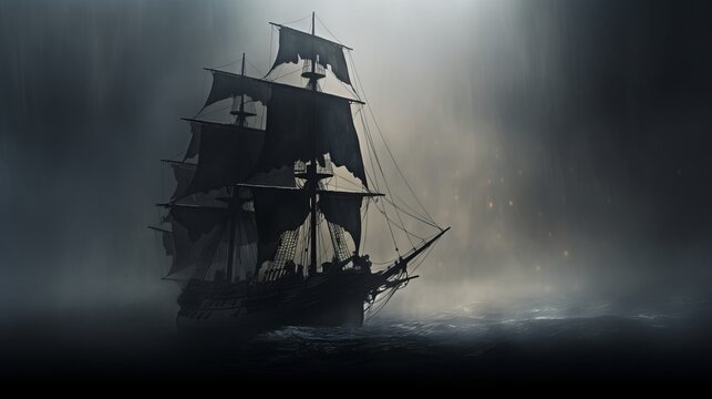 black pirate ship with black tattered sails sailing through fog, 16:9