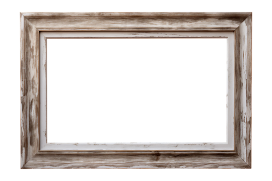 Grey distressed landscape picture frame with an empty blank canvas for use as a border or home décor, png file cut out and isolated on a transparent background, stock illustration image