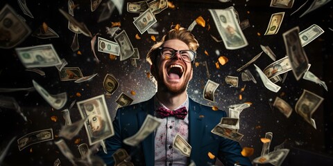 Jubilant man in suit celebrates financial success surrounded by flying money. wealth concept captured in motion. elation and abundance. AI - obrazy, fototapety, plakaty