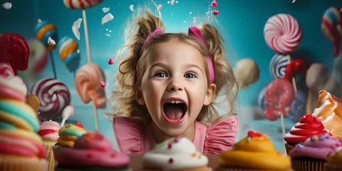Rolgordijnen Excited young girl surrounded by flying sweets and candies. a magical candy wonderland captured. colorful confectionery delights. AI © Irina Ukrainets