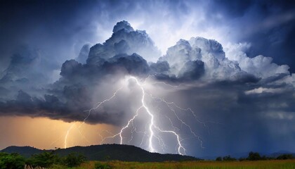 Thunderstorm with lightning in a field over a hill. - obrazy, fototapety, plakaty