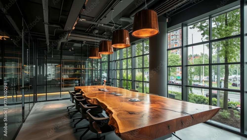 Poster glass office space with a wooden table in front of the windows generative ai