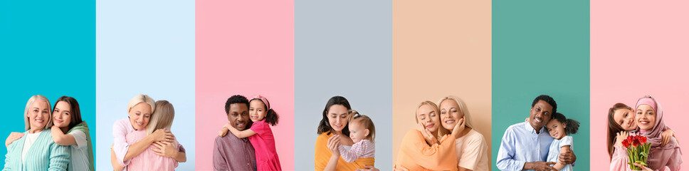 Collage of hugging families on colorful background