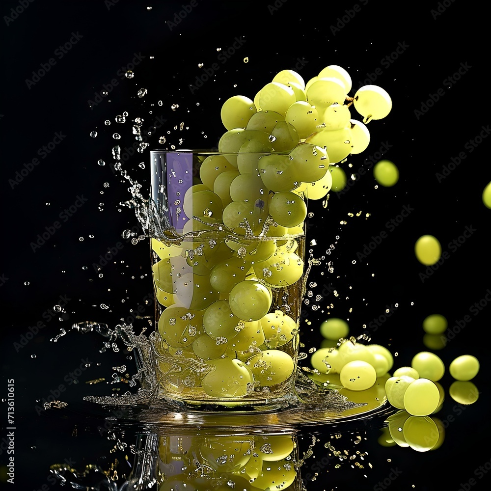 Aufkleber fresh green grapes exploding with splashes of water in a glass. dynamic fruit photography with a dar