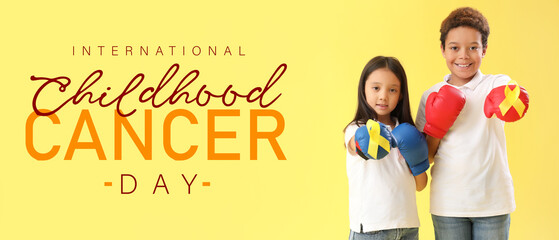 Little children in boxing gloves and with awareness ribbons on yellow background. Banner for...