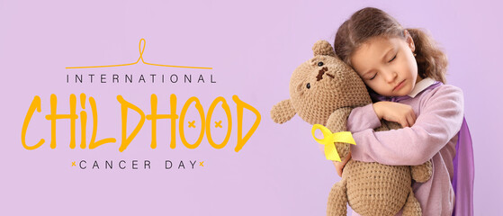 Little girl with awareness ribbon and toy on lilac background. Banner for International Childhood...