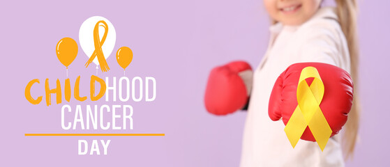 Little girl in boxing gloves and with awareness ribbon on lilac background. Banner for...
