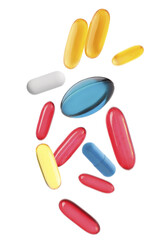 Many different flying pills on white background