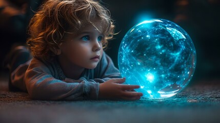Naklejka premium Toddlerâs encounter with a magical orb of light at night. a young childâs imagination comes to life. AI