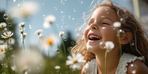 Joyful young girl playing with daisies in sunlit meadow. innocent childhood fun and happiness. summer freedom. AI