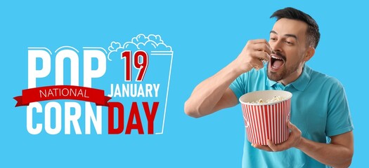 Banner for National Popcorn Day with man on light blue background