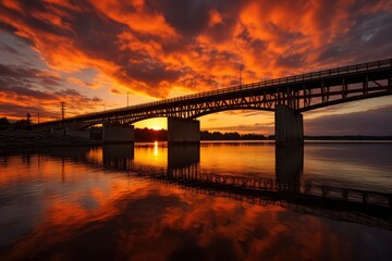 Fototapeta premium Sunset Bridge Over Water, A Tranquil Scene of Nature and Architecture