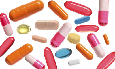 Many different flying pills on white background