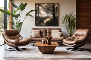 Modern home interior with poster, plants and brown leather furniture. Contemporary living room of house with white wall, carpet and wood elements. Concept of painting, design