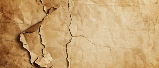 Vintage paper texture background, old light brown wrapper with torn layers. Banner of rough worn...