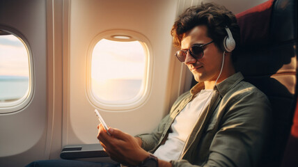 Handsome man uses mobile phone sitting in flying plane, young male passenger listens to music on smartphone inside airplane. Concept of travel, flight, internet, technology, trip - obrazy, fototapety, plakaty