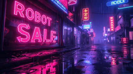 Neon store sign of Robot Sale on dark wet deserted street at night, gloomy city buildings with red and blue light. Concept of dystopia, cyberpunk, anime, shop, technology and future