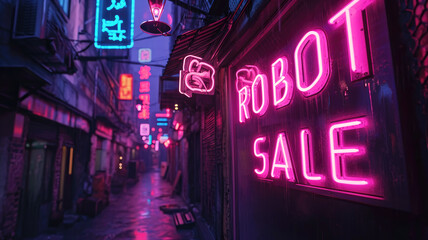 Neon store sign of Robot Sale on dark grungy street or alley at night, gloomy deserted city buildings with purple and blue light. Concept of cyberpunk, anime, technology and future