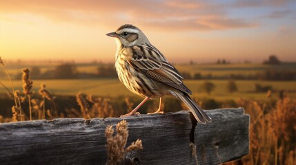 Graceful Sparrow Resting on Wooden Fence Pole in Soft Morning Light - AI-Generative