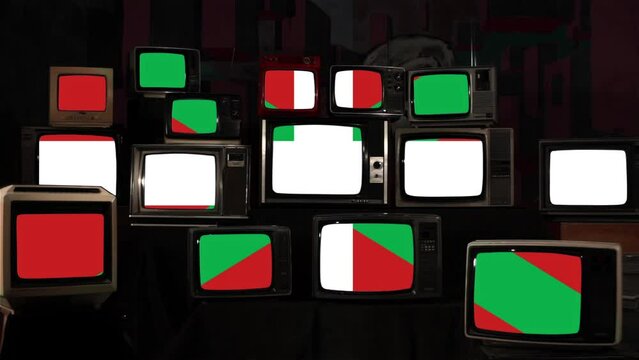 Basque Country Flag or Ikurrina Flag and Vintage Televisions. 4K Resolution.
