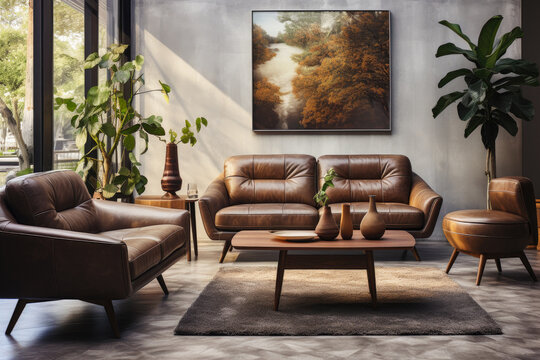Modern home interior with painting on white wall, plants and brown leather furniture. Contemporary living room of house with couch and carpet. Concept of poster and vintage design